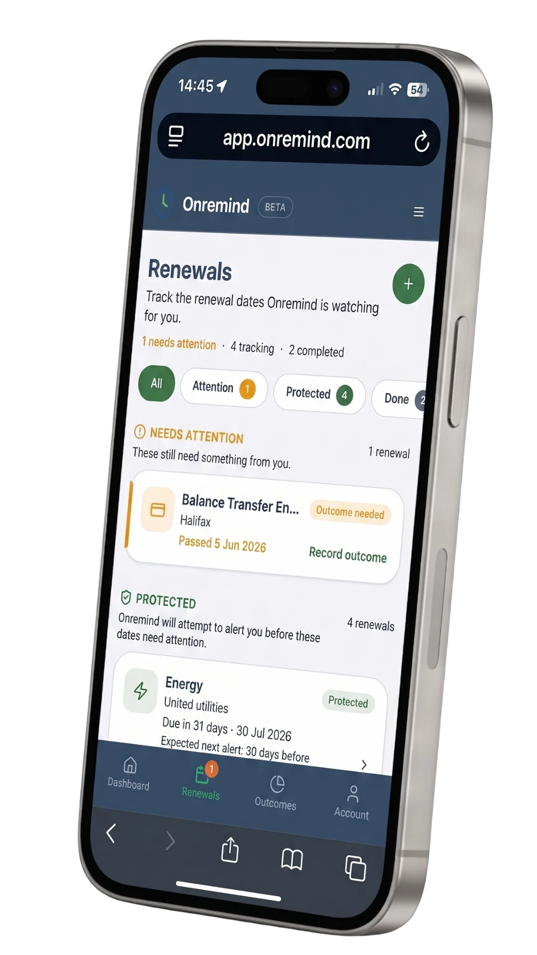 The Onremind app showing the Renewals screen with a balance transfer expiry and an energy renewal being tracked.